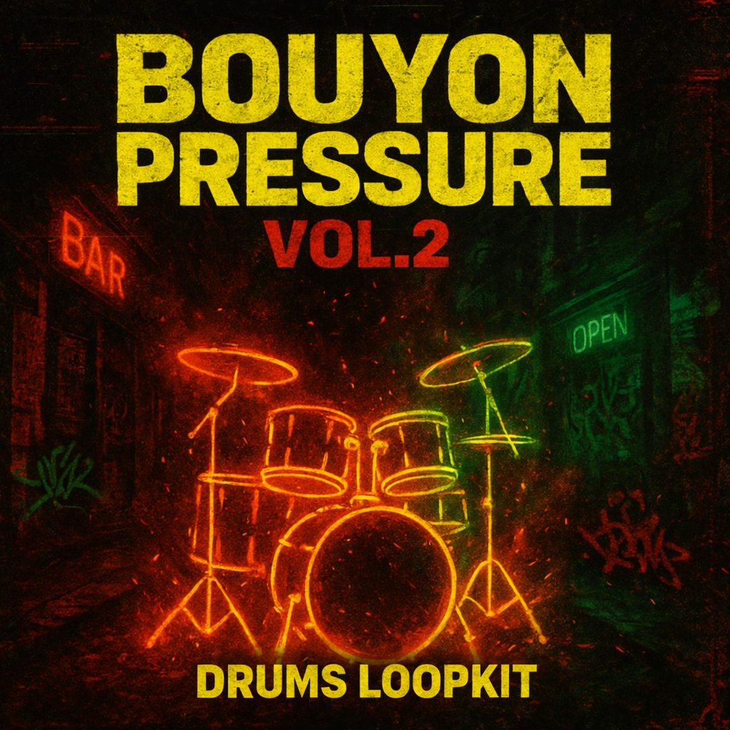Bouyon Pressure Vol. 2 cover: neon drum kit in a street at night, Drums Loopkit